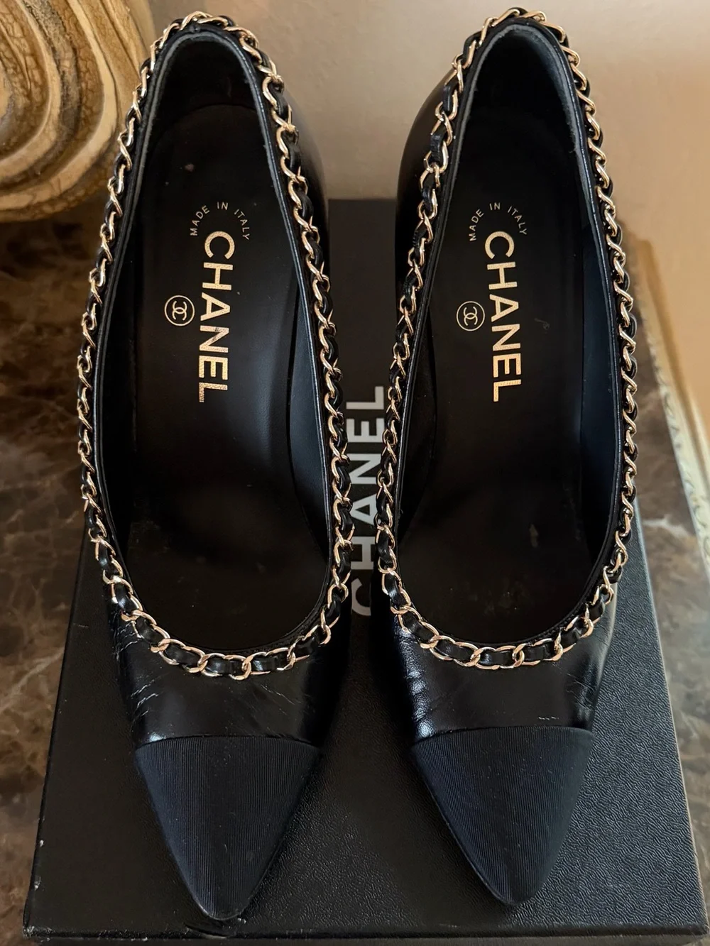 CHANEL Black Leather Chain-Trim Pointed-Toe Pumps